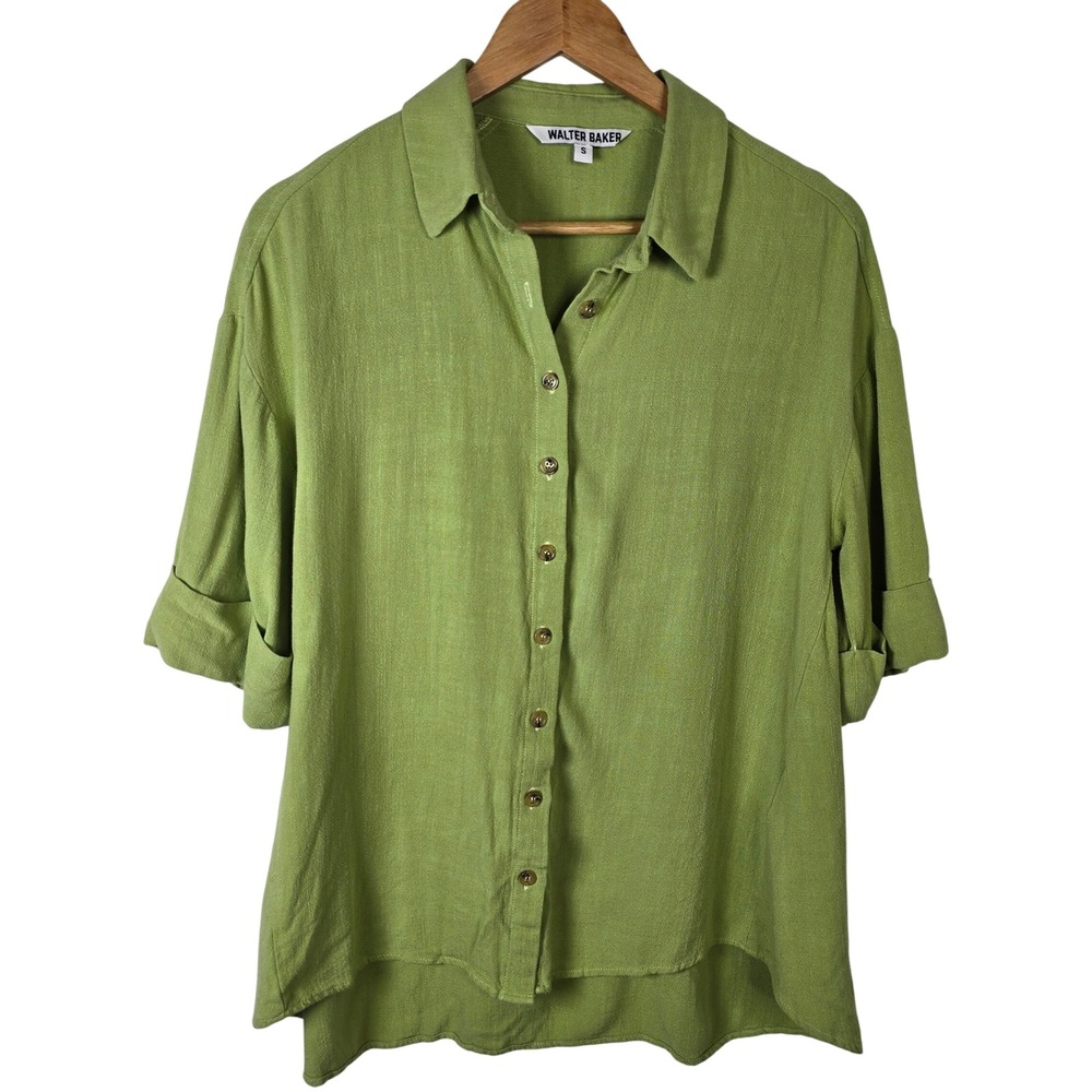 Walter Baker Womens Top Shirt Button Up Roll Tab Sleeve Green Size S